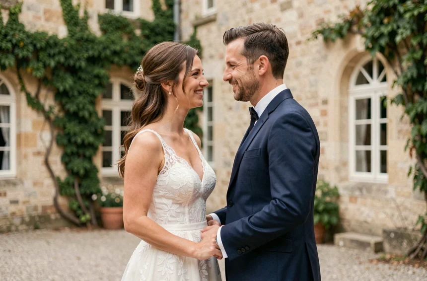 Couple de mariés partageant un moment intime dans la cour d'un château français, photographié par le Studio Thomas Tuccinardi