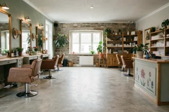 Intérieur d'un salon de coiffure élégant en Finistère, avec des stations de coiffage en bois, des miroirs vintage et une décoration chaleureuse typique de Bretagne