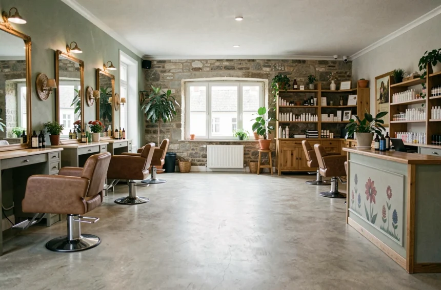 Intérieur d'un salon de coiffure élégant en Finistère, avec des stations de coiffage en bois, des miroirs vintage et une décoration chaleureuse typique de Bretagne