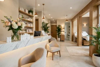 Intérieur élégant d'un institut de beauté dans l'Hérault avec comptoir d'accueil, produits cosmétiques et ambiance zen