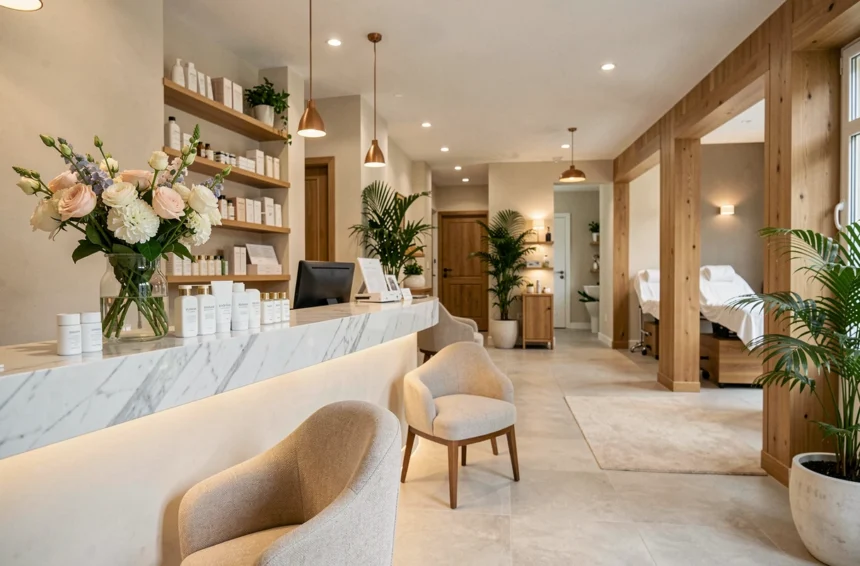 Intérieur élégant d'un institut de beauté dans l'Hérault avec comptoir d'accueil, produits cosmétiques et ambiance zen