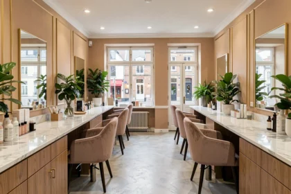 Intérieur d'un salon de beauté haut de gamme dans le Nord, avec des stations de soin élégantes et une décoration raffinée