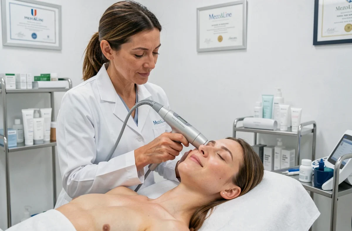 Praticienne de Mezo&Line réalisant un soin esthétique médical non invasif sur une cliente dans un cabinet clinique moderne