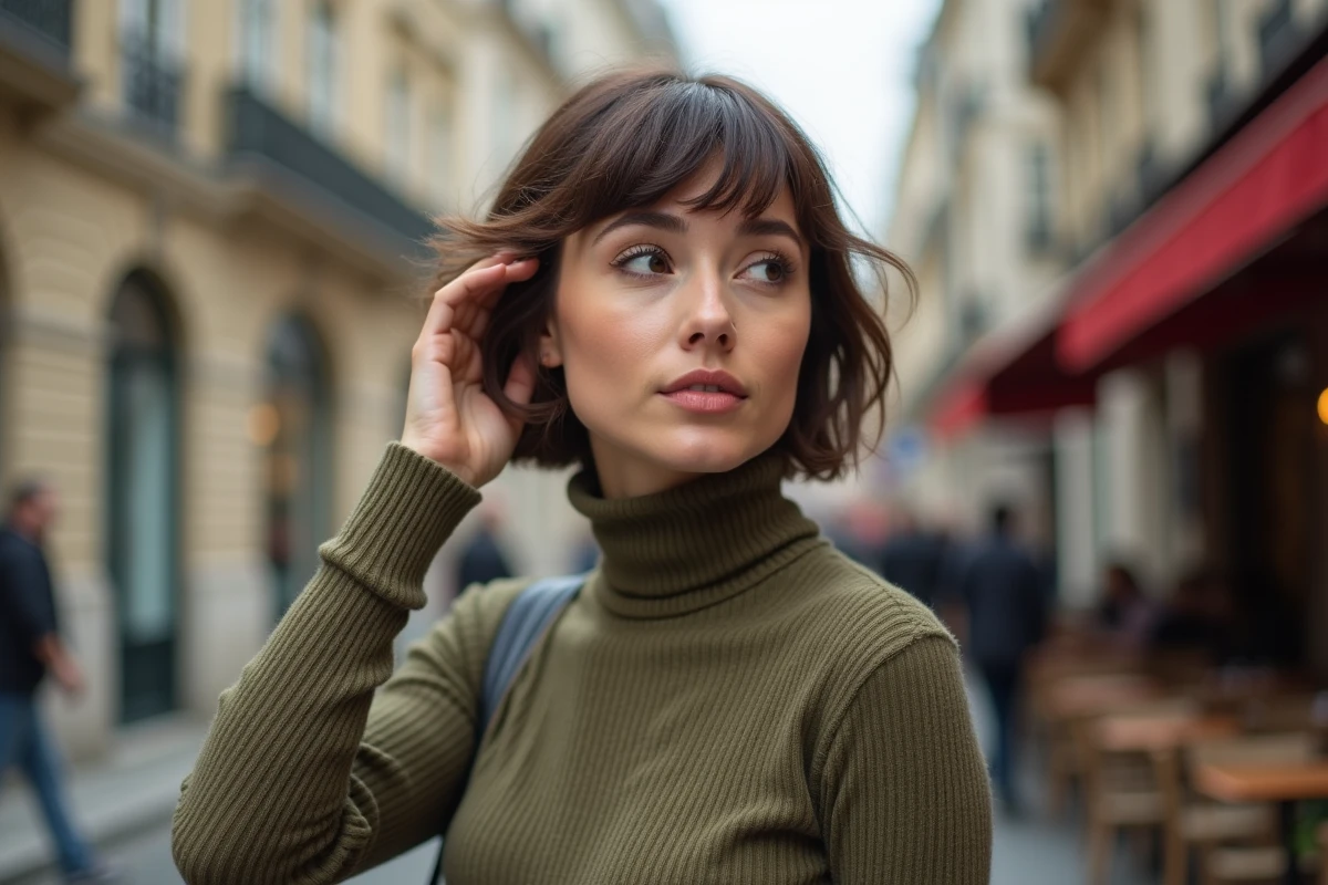 Femme avec mini vague sur cheveux fins courts dans une rue parisienne vérifiante la tenue de sa coiffure