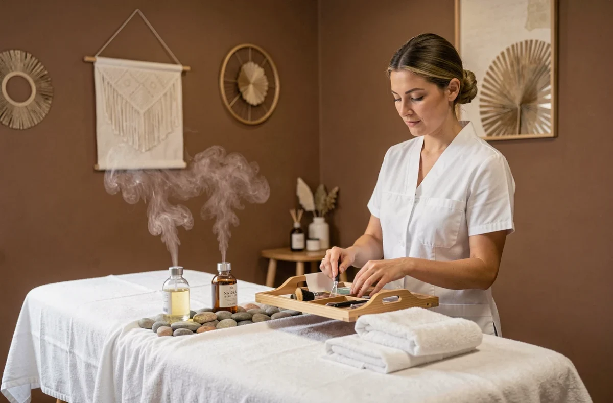Esthéticienne préparant une table de soin dans le spa apaisant de Naissa Beauty Spa à Mons-en-Baroeul
