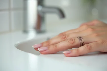 Gros plan d'un ongle de doigt présentant une décoloration et un épaississement caractéristiques d'une mycose ou d'une infiltration unguéale