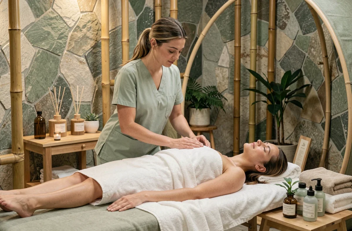 Thérapeute de Parenthèse Obalia réalisant un soin enveloppant relaxant dans un espace bien-être cocooning aux tons naturels