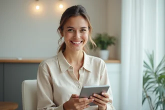 Patiente satisfaite laissant un avis client sur une tablette dans une salle d'attente de cabinet dentaire moderne