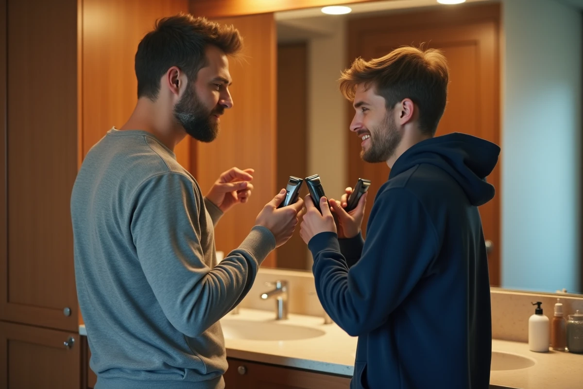 Père guidant son fils adolescent dans l'utilisation d'un rasoir électrique dans la salle de bain familiale