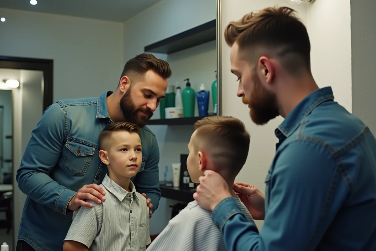 Père et fils admirant la coupe dégradée du garçon dans le miroir d'un salon de coiffure moderne