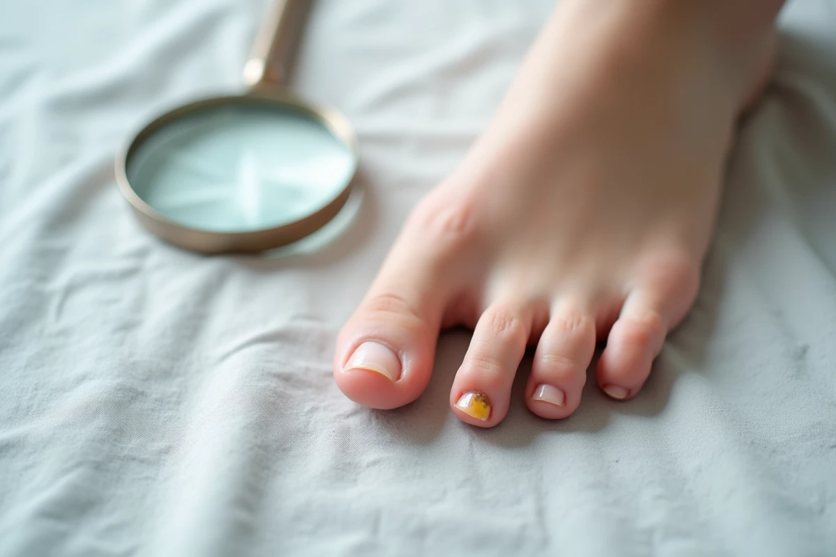 Vue aérienne d'un pied humain posé sur lin gris clair avec une loupe, illustrant l'auto-examen d'un ongle jauni pouvant indiquer une mycose