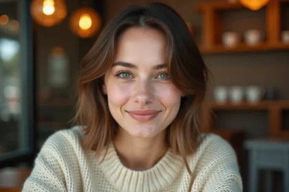 Jeune femme portant un piercing labret décalé discret en argent, style minimaliste et naturel en café urbain
