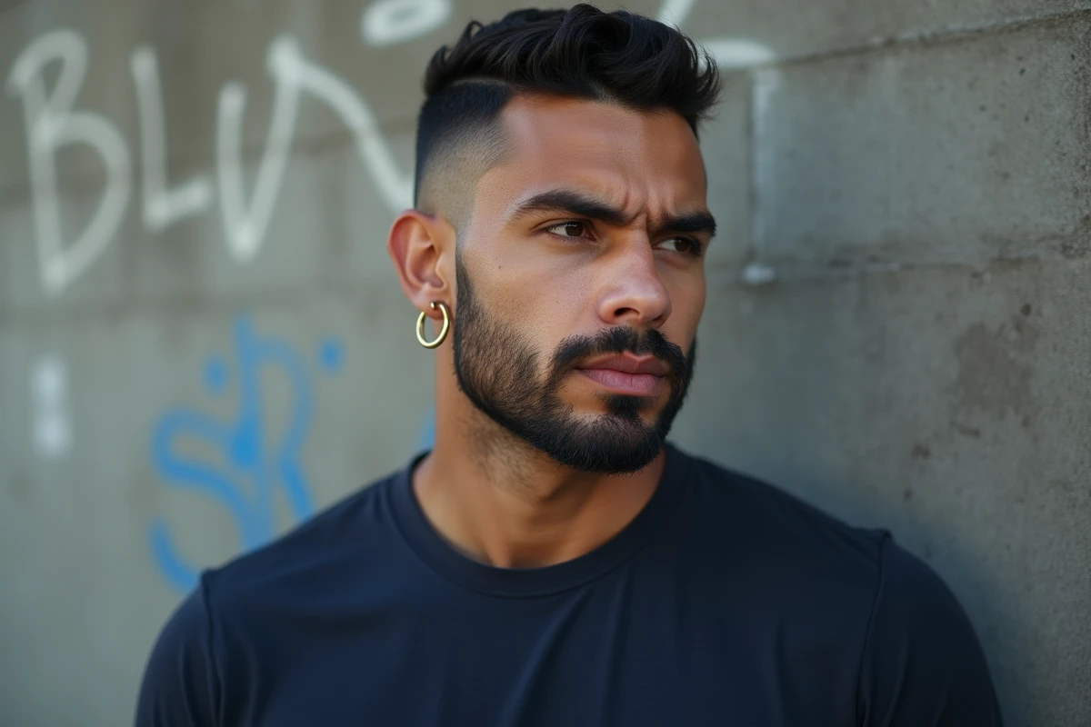Homme avec un piercing labret décalé voyant en or sur fond de mur béton urbain, style affirmé