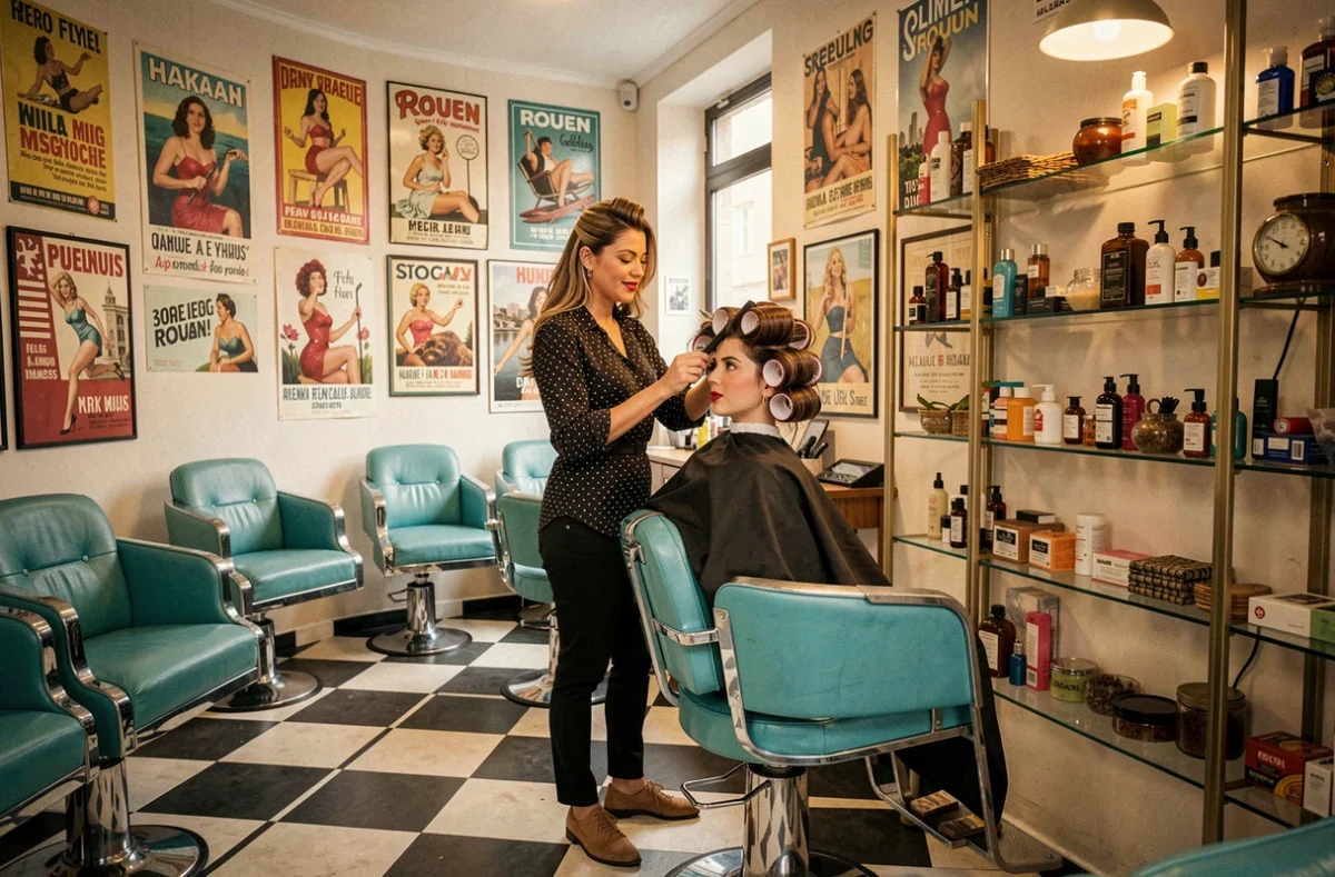 Pinup's Coiffure à Rouen avec décoration rétro années 1950 et coiffeuse au style vintage