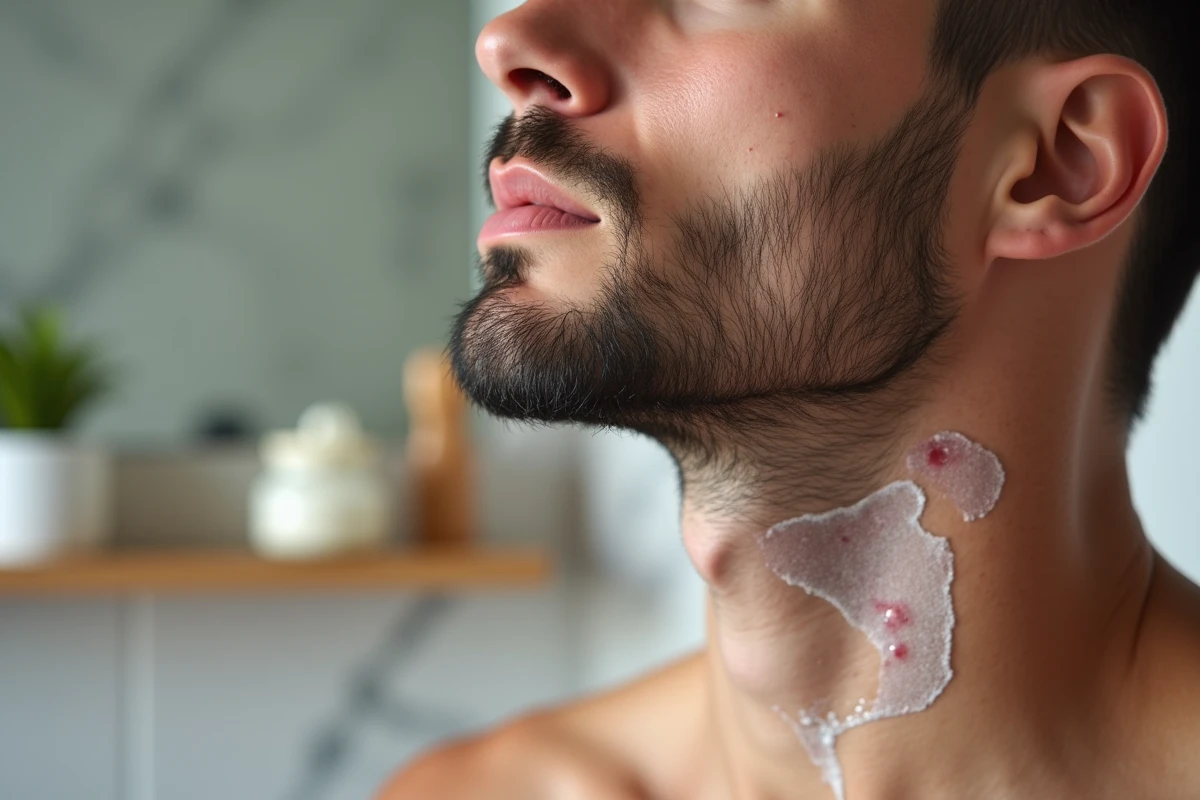 Gros plan sur la peau du cou rasée avec poils incarnés et irritations post-rasage visibles