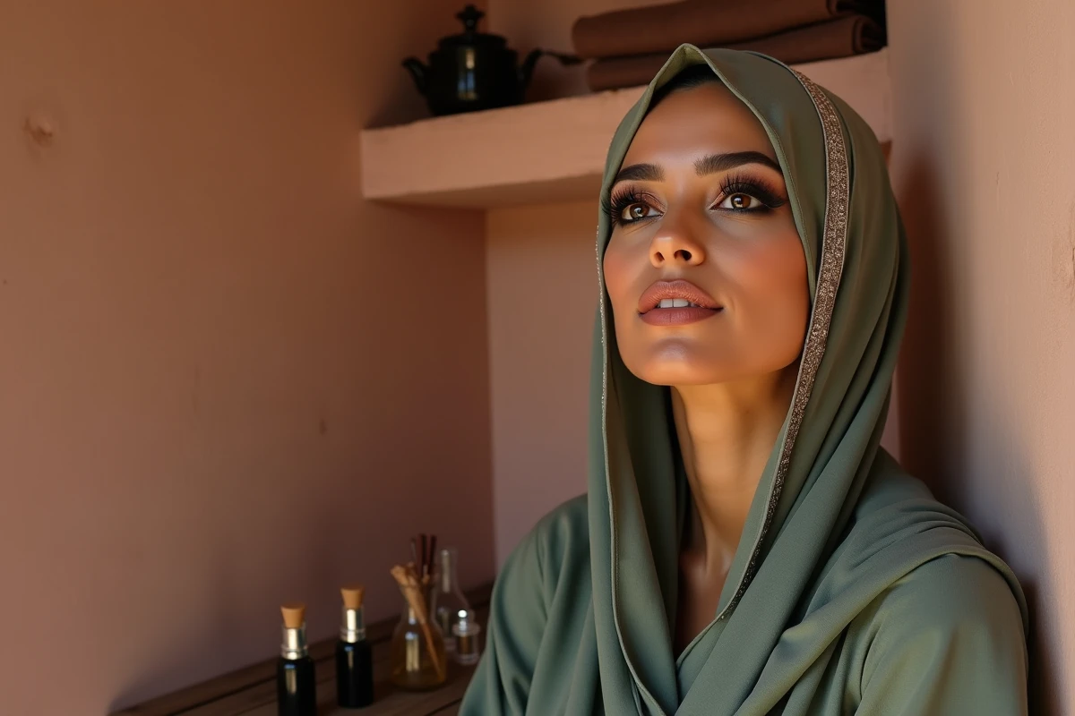 Portrait rapproché d'une femme marocaine avec maquillage aux yeux charbonneux au khôl et ombre cuivrée dans un hammam