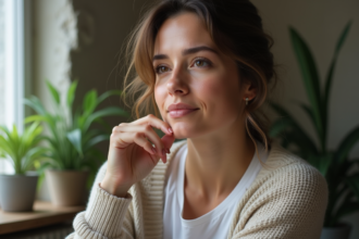 Femme aux taches de rousseur en intérieur naturel