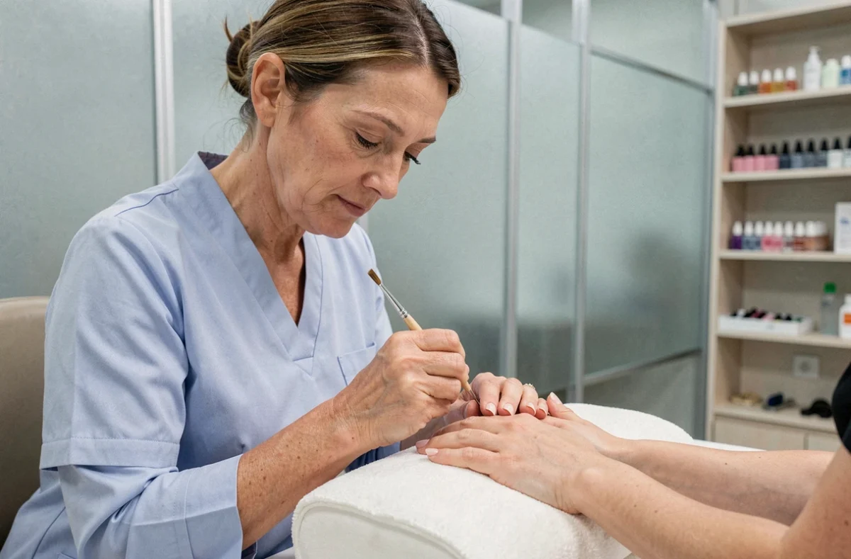 Prothésiste ongulaire appliquant une technique d'ongles en porcelaine sur une cliente dans un salon professionnel