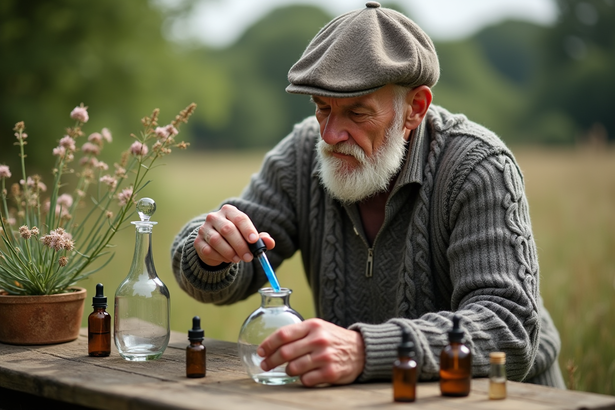 Homme versant huile essentielle dans un flacon