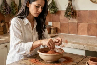 Femme préparant du henné colorant en poudre dans un bol en céramique sur une table en bois rustique