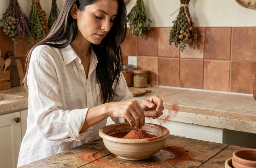 Femme préparant du henné colorant en poudre dans un bol en céramique sur une table en bois rustique
