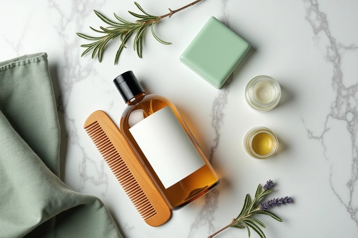 Plat de produits capillaires sans silicone sur marbre blanc avec shampoing, après-shampoing solide et peigne en bois pour une routine naturelle