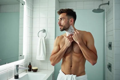 Homme se rasant la nuque avec un rasoir de sûreté dans une salle de bain moderne pour éviter les poils incarnés