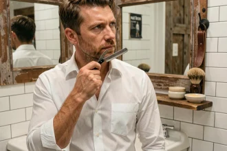 Homme élégant tenant un rasoir droit vintage devant un miroir antique dans une salle de bain au style barbershop classique