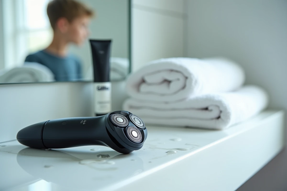 Rasoir électrique Gillette posé sur une étagère de salle de bain avec une serviette et un gel à raser, ambiance rasage adolescent