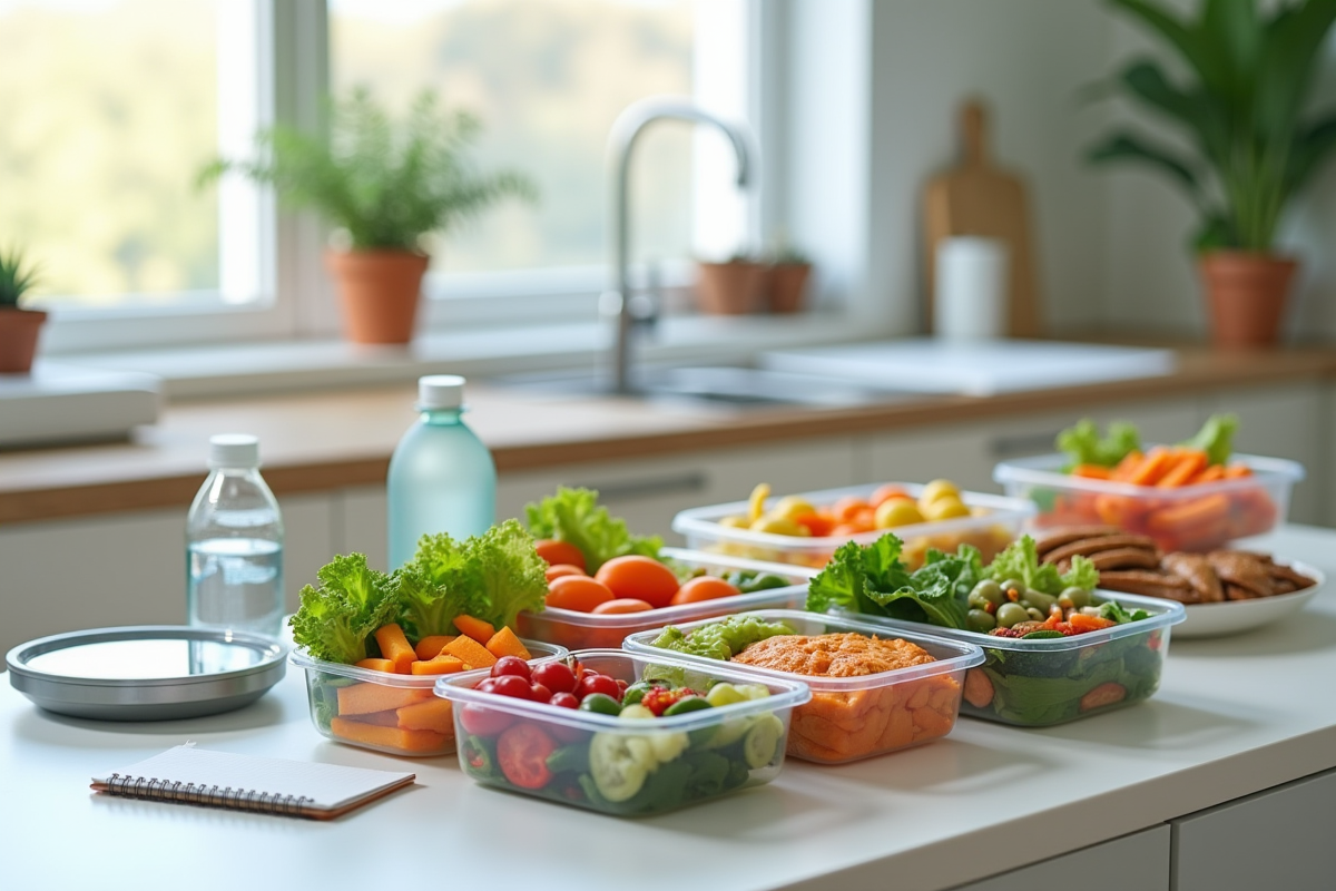 Assortiment de repas sains dans des contenants en cuisine lumineuse