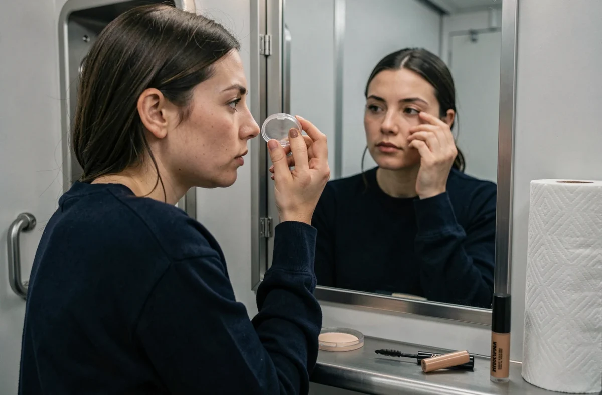 Femme retouchant son maquillage dans les toilettes d'un avion avec des produits formats voyage autorisés en cabine