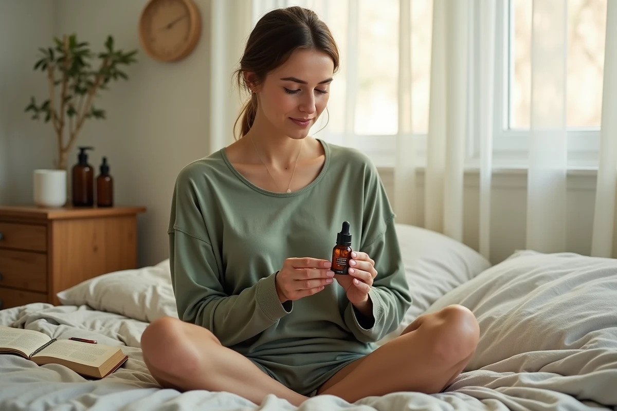Femme mature lisant l'étiquette d'une huile hydratante visage lors d'un rituel beauté matinal dans sa chambre