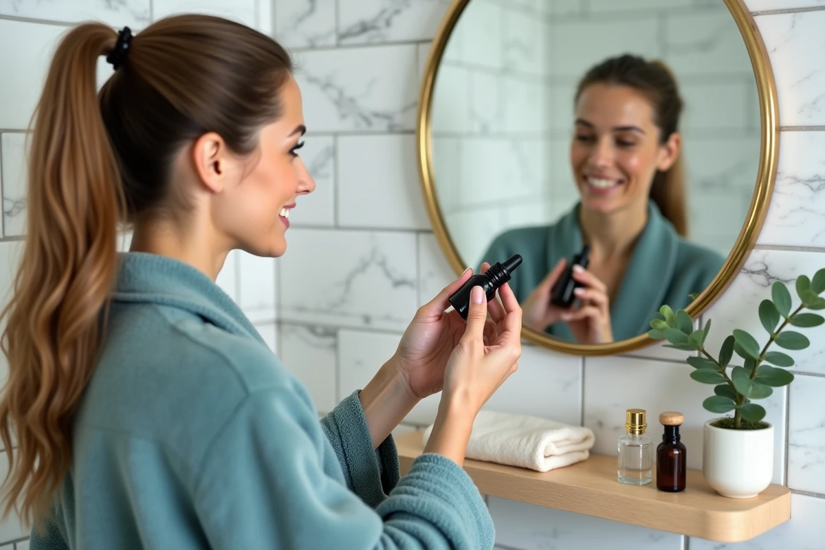 Femme appliquant une huile visage made in France issue d'une box beauté lors d'un rituel soin dans sa salle de bain