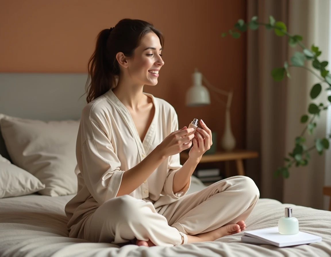Jeune femme appliquant une essence cosmétique dans sa routine soin du soir avec du rétinol posé sur la table de nuit
