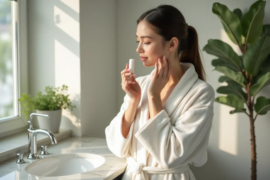 Femme appliquant une creme visage dans une salle de bain lumineuse