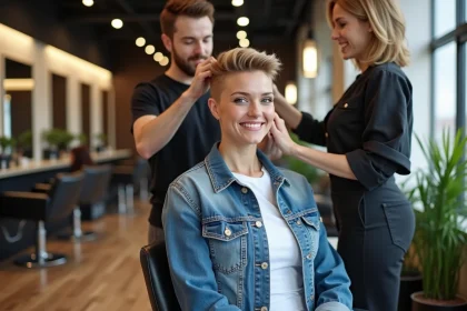 Femme souriante avec coupe shaggy dans un salon moderne