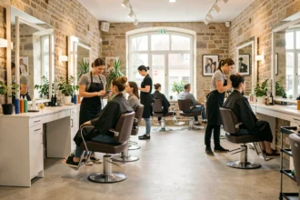 Intérieur d'un salon de coiffure moderne en Normandie avec des coiffeurs au travail