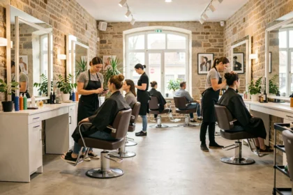 Intérieur d'un salon de coiffure moderne en Normandie avec des coiffeurs au travail