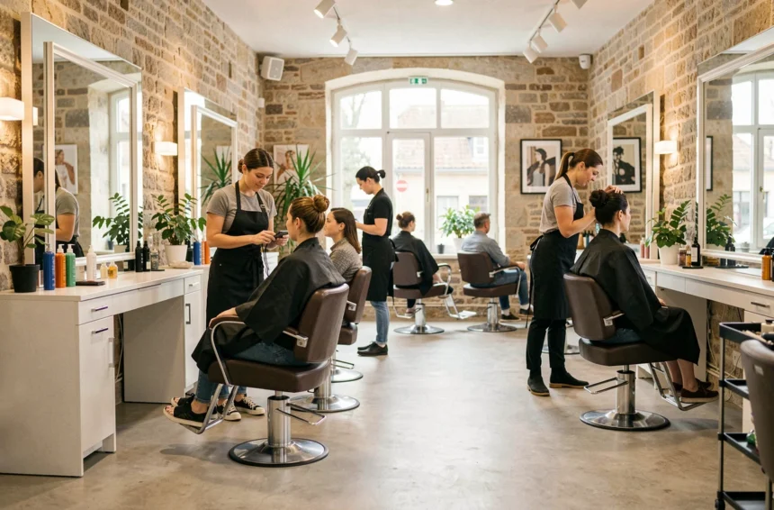 Intérieur d'un salon de coiffure moderne en Normandie avec des coiffeurs au travail