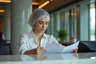 Femme en blouse de bureau et hairnet à la réception