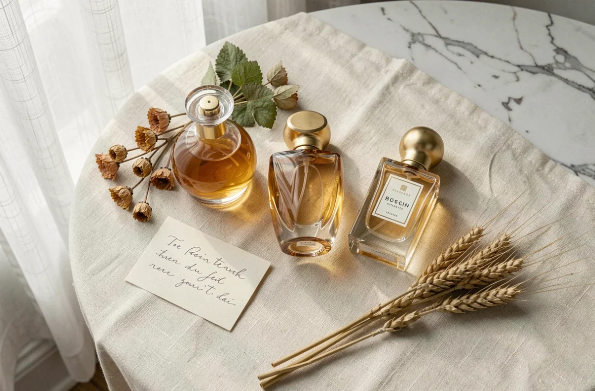 Sélection de flacons de parfum Gissah en flat lay pour un cadeau raffiné