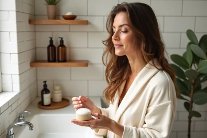 Femme se lavant les cheveux avec un shampoing sans silicone sous forme de pain solide dans une salle de bain minimaliste aux carreaux blancs