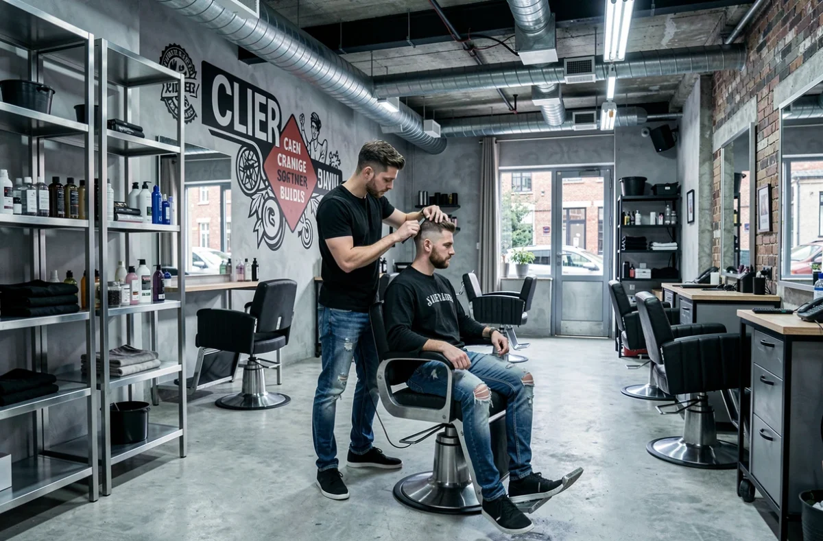 Salon tendance Slider à Caen avec décoration industrielle et coiffeur réalisant un dégradé