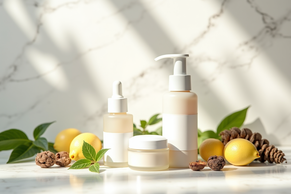 Produits de soin naturels et ingredients botaniques sur marbre