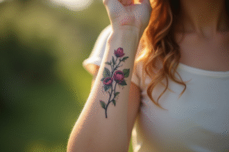 Poignet d'une jeune femme avec tatouage floral délicat en plein air