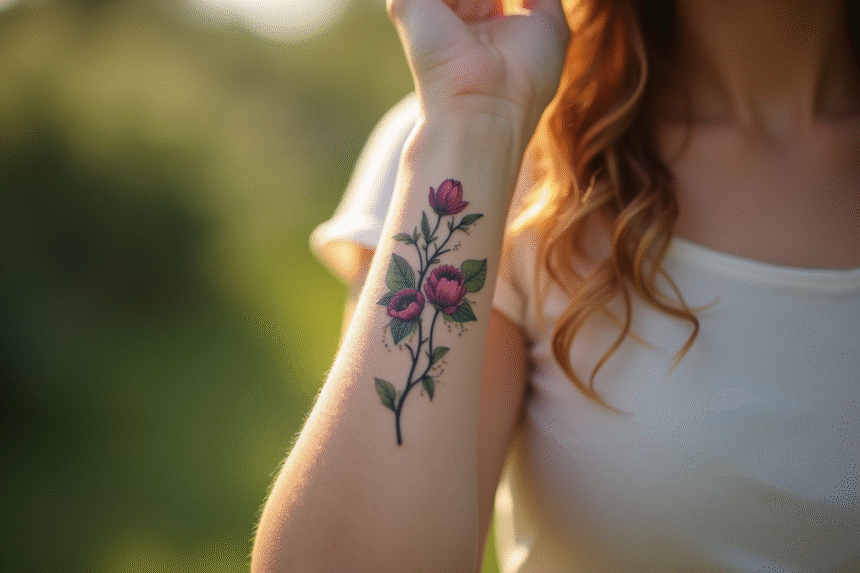 Poignet d'une jeune femme avec tatouage floral délicat en plein air