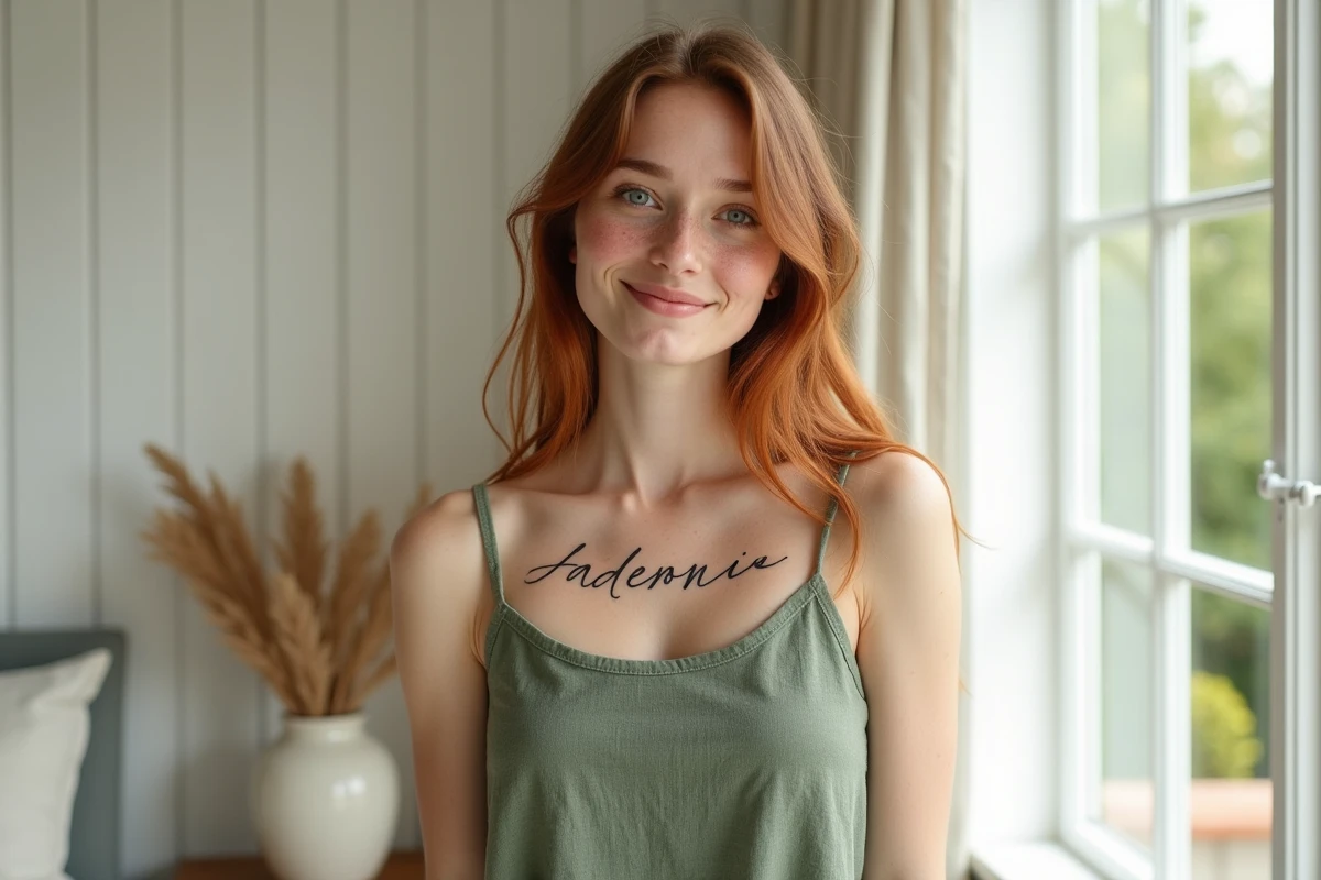 Tatouage prénom en calligraphie italique fine sur la clavicule d'une femme près d'une fenêtre lumineuse