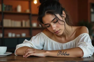 Tatouage prénom en calligraphie cursive sur le poignet d'une femme dans un café cosy