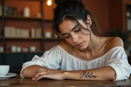 Tatouage prénom en calligraphie cursive sur le poignet d'une femme dans un café cosy