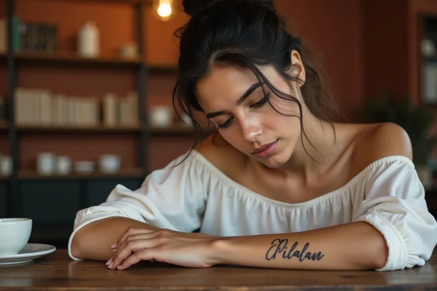 Tatouage prénom en calligraphie cursive sur le poignet d'une femme dans un café cosy